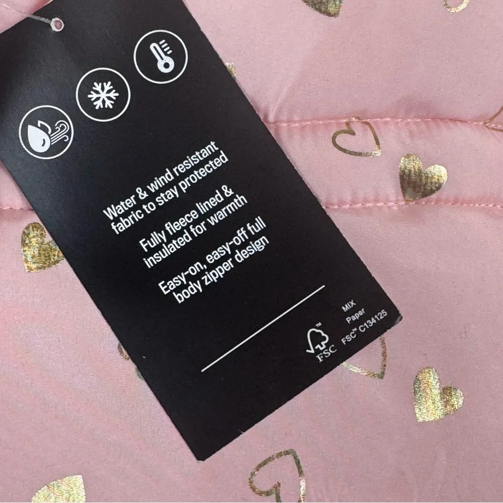 NWT The Children’s Place Pink Gold Metallic Hearts Bunting Snowsuit 0-3 Months